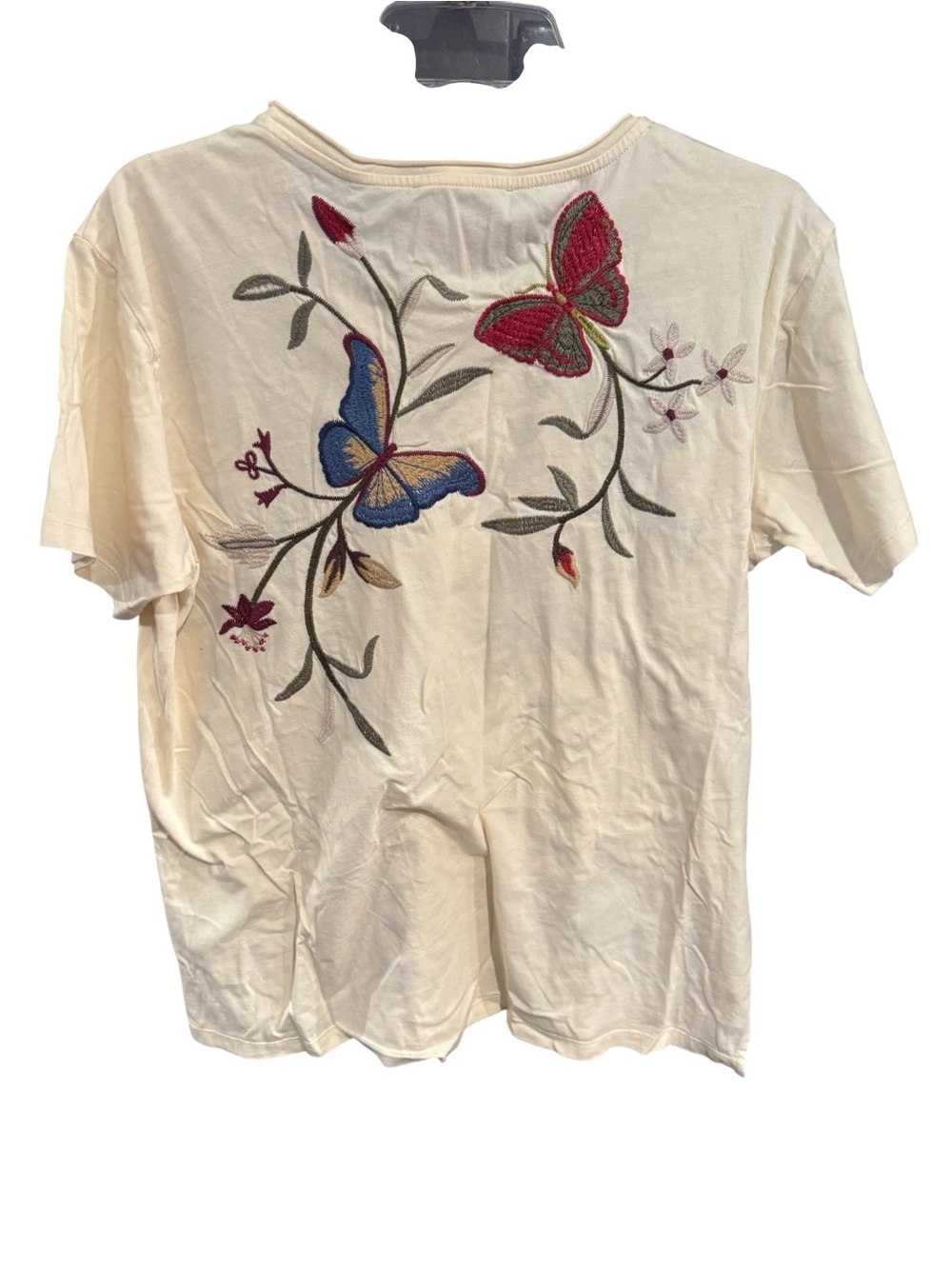 Johnny Was Cream Short Sleeve Tee with Embroidered Butterflies - Picture 3 of 4